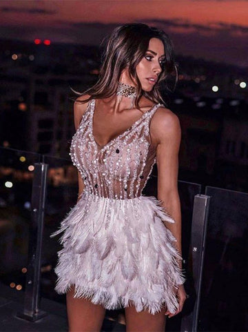 Luxurious Feather V-Neck Evening Dress Aosig